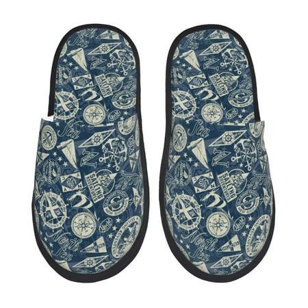 Balery Nautical Style Slient Indoor Furry Fleece Comfort House Shoes Soft Non-Slip Home Shoes Cotton slippers House Slippers-- Large