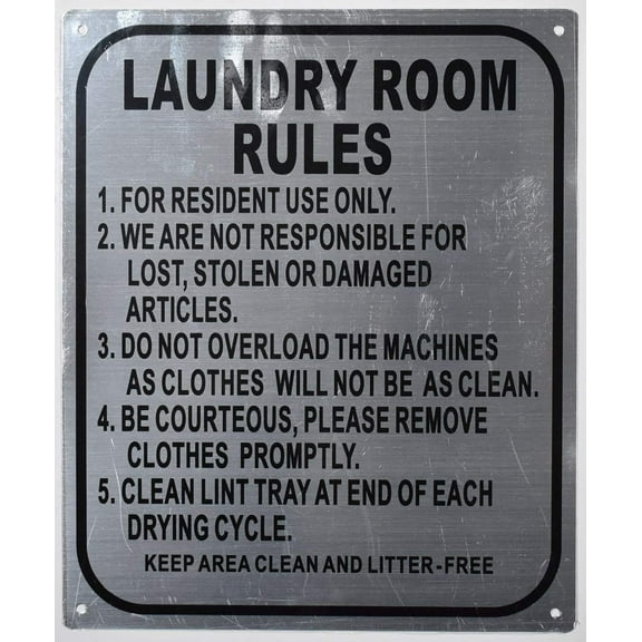 Laundry Room Rules Sign (Silver, Rust Free Aluminium 10X12)(ref-2022-4)
