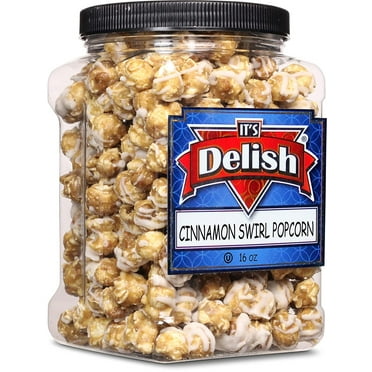 Gourmet Cinnamon Swirl Popcorn by Its Delish, 16 Oz 1 Lb Jumbo Container Bulk Popcorn, Festive Caramel Air Popped Sweet Crunchy Popcorn with White glaze Corn Snack, Parties  Gluten Free, Vegan,...