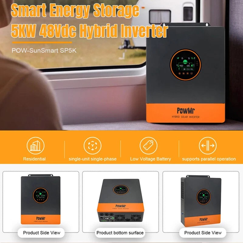PowMr 5200W 48V Hybrid Solar Inverter 120V 240V(Need In Parallel) Split Phase 100A MPPT Controller In Parallel For Lead-Acid Sealed Gel Nicd Lithium Battery