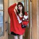 thumbnail image 2 of Suéter de hoja de cabra roja navideña, chaqueta holgada y versátil, suéter de punto de otoño e invierno, parte superior cálida y gruesa para mujer, 2 of 4