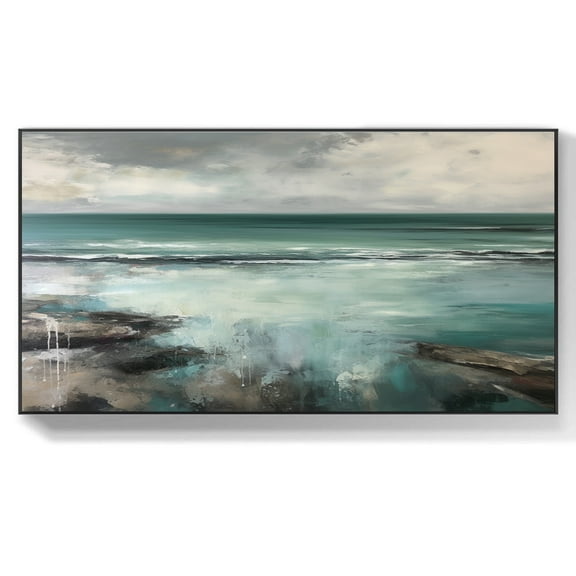 Large Abstract Seascape Oil Painting White Wave Textured Canvas Art Green Ocean Coastal Wall Art Living Room Wall Decor,Unstretched,Frameless,(41*61cm)16*32Inches