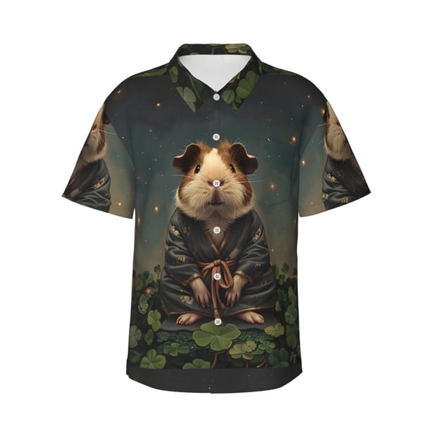 Fotbe Lotus Leaf Starry Sky Guinea Pig Camisa Hawaiana para Hombre Unisex – Camisa Casual de Verano con Botones de Manga Corta de Algodón y Lino,Small