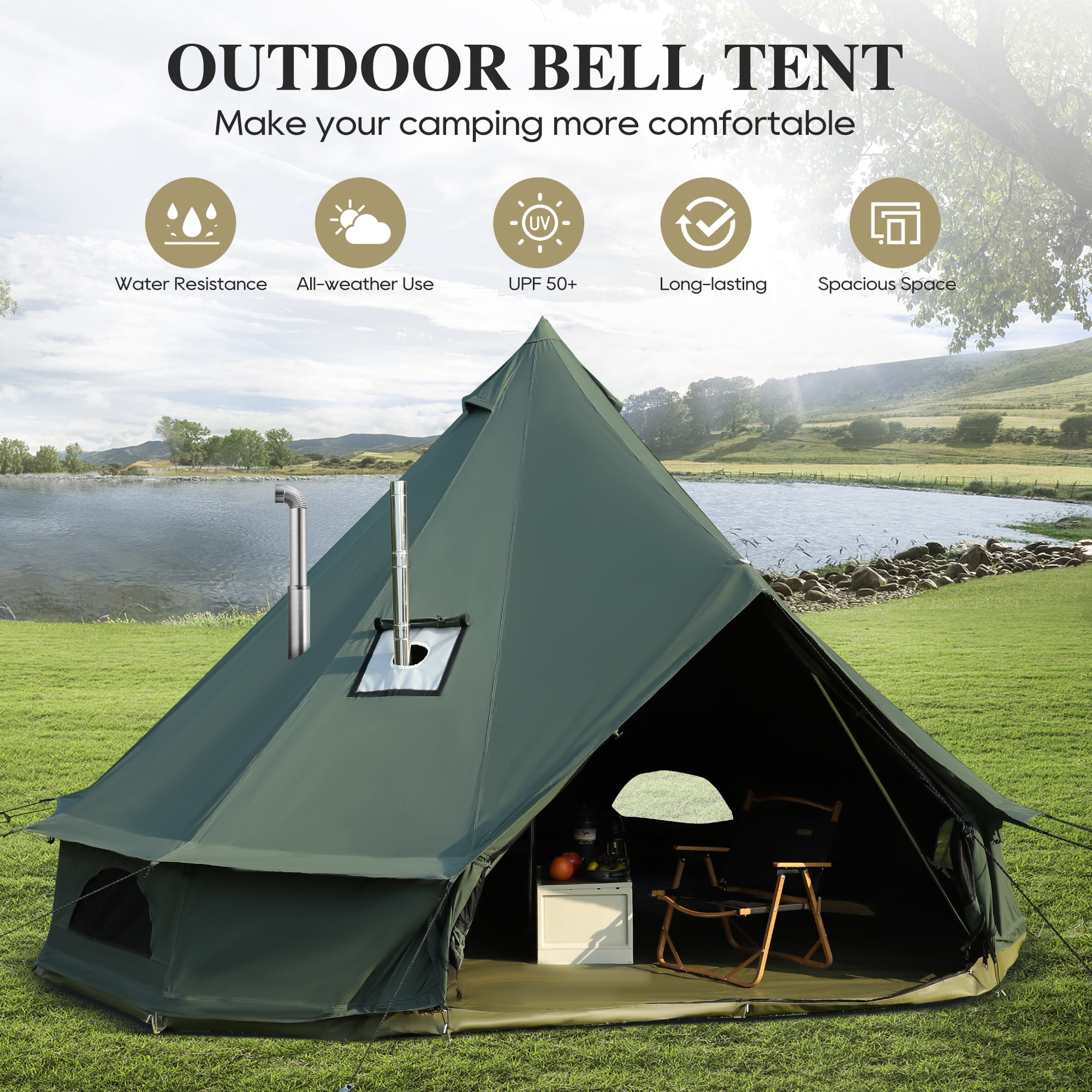 LVUYOYO 4 Person Camping Bell Tent with Stove Jack