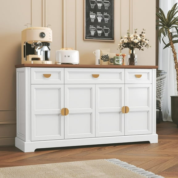 HLR 60” Large Buffet Sideboard Cabinet with 4 Doors and 3 Drawers Shaker Style, Coffee Bar Storage Cabinet for Dinning Room, Kitchen, Living Room, White