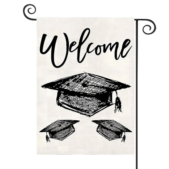 DMERBYL Congrats Grad Black Diploma Cap Garden Flag Burlap 12x18 Inch Double Sided Outside, Welcome Graduation Ceremony Sign Small Flags Yard Outdoor Decoration