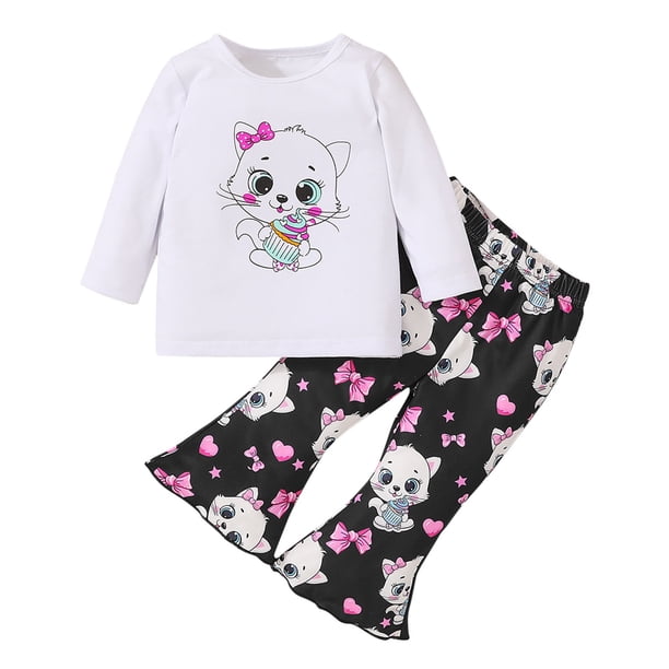 Odeerbi 6M-3Y Niñas Conjuntos Estampado Algodón Manga Larga Tops Pantalones Acampanados Conjunto Dos Piezas