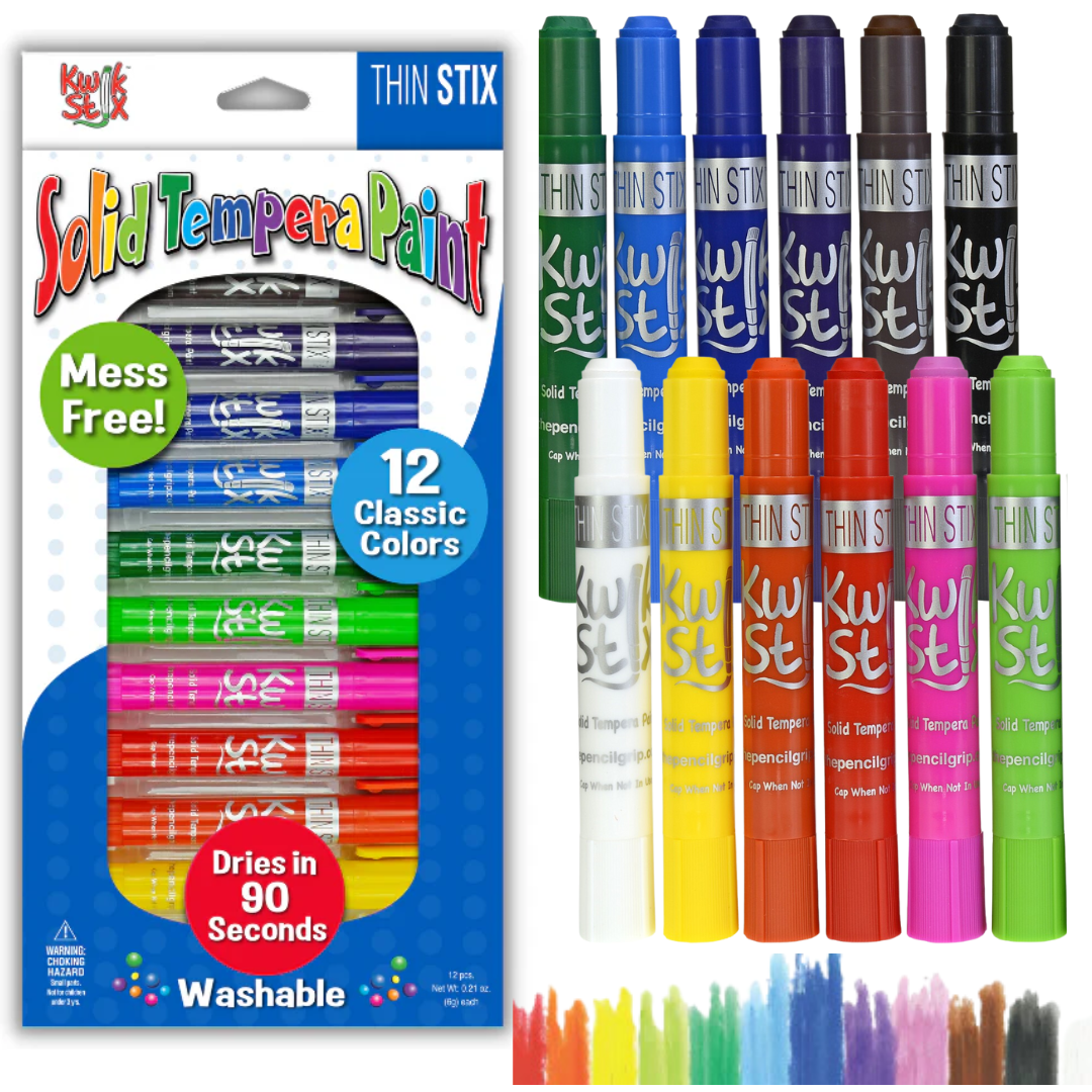 Kwik Stix Thin Stix Solid Tempera Paint Sticks, 12 Count, Classic Colors, Washable, Quick-Drying, Non-Toxic