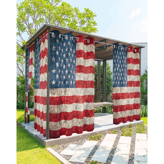 nqOlkjepod Outdoor Curtains for Patio Waterproof, American Flag Outdoor Privacy Panels Grommet, Vintage Blue Red USA Flag Blackout Outside Curtains for Porch/Cabana/Pergola/Gazebo 54"x84", 2 Panels