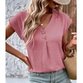 thumbnail image 5 of Kovlvoll Womens Tops Summer 2 Buttons V-Neck Solid Color Short Sleeve Shirts Loose Casual Lightweight Comfy Top Blouse, 5 of 6