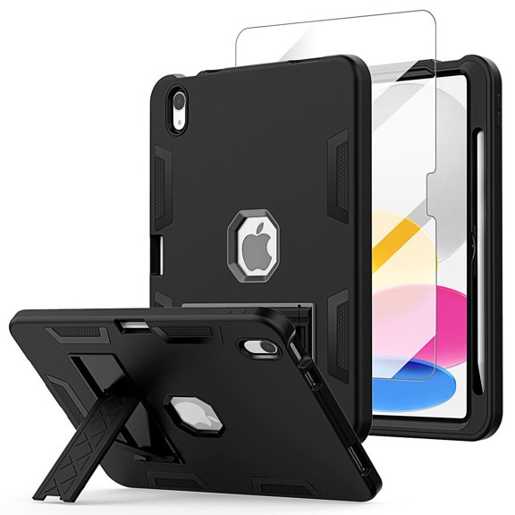 For iPad 10th Generation 2022 10.9 Inch Case Shockproof Heavy Duty Stand Protective Cover (Black)