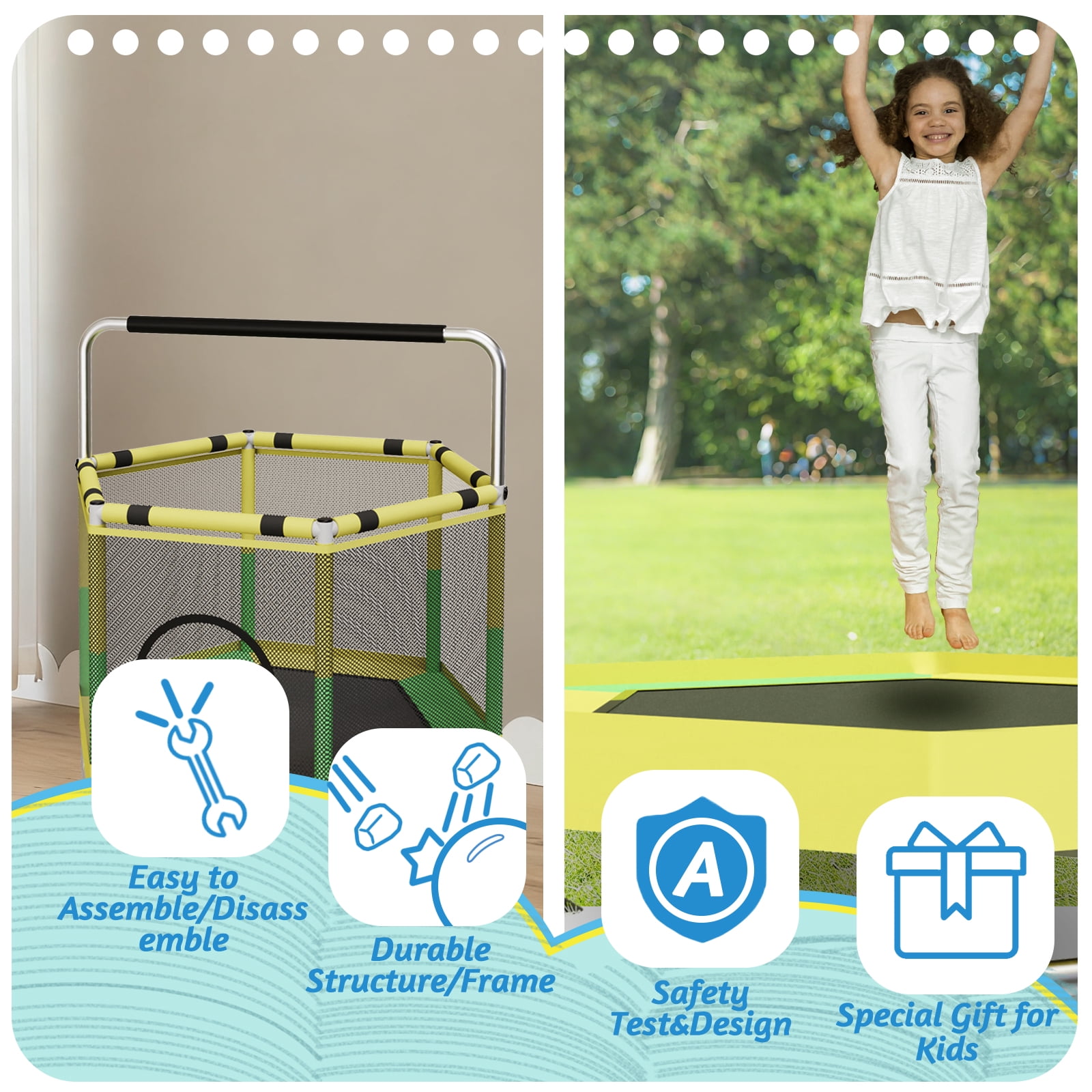 G TALECO GEAR Trampoline for Kids, Toddler Trampoline with Adjustable Gymnastics Bar & Toys, Indoor & Outdoor Hexagon Small  60'' Trampoline Gift for Boys & Girls,  400lbs, Yellow & Green