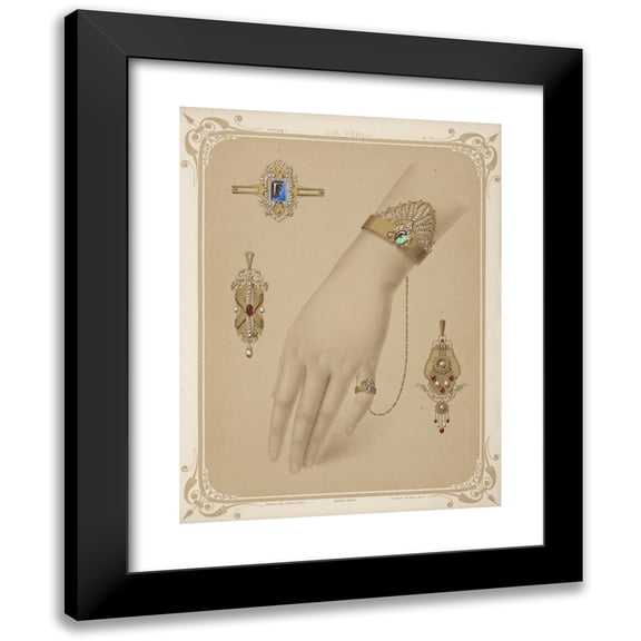 Martin Gerlach 12x14 Black Modern Framed Museum Art Print Titled - Five Designs for Jewelry, Including Bracelet with Diamonds and Green Stones Chained to a Ring. (1872 - 1873)