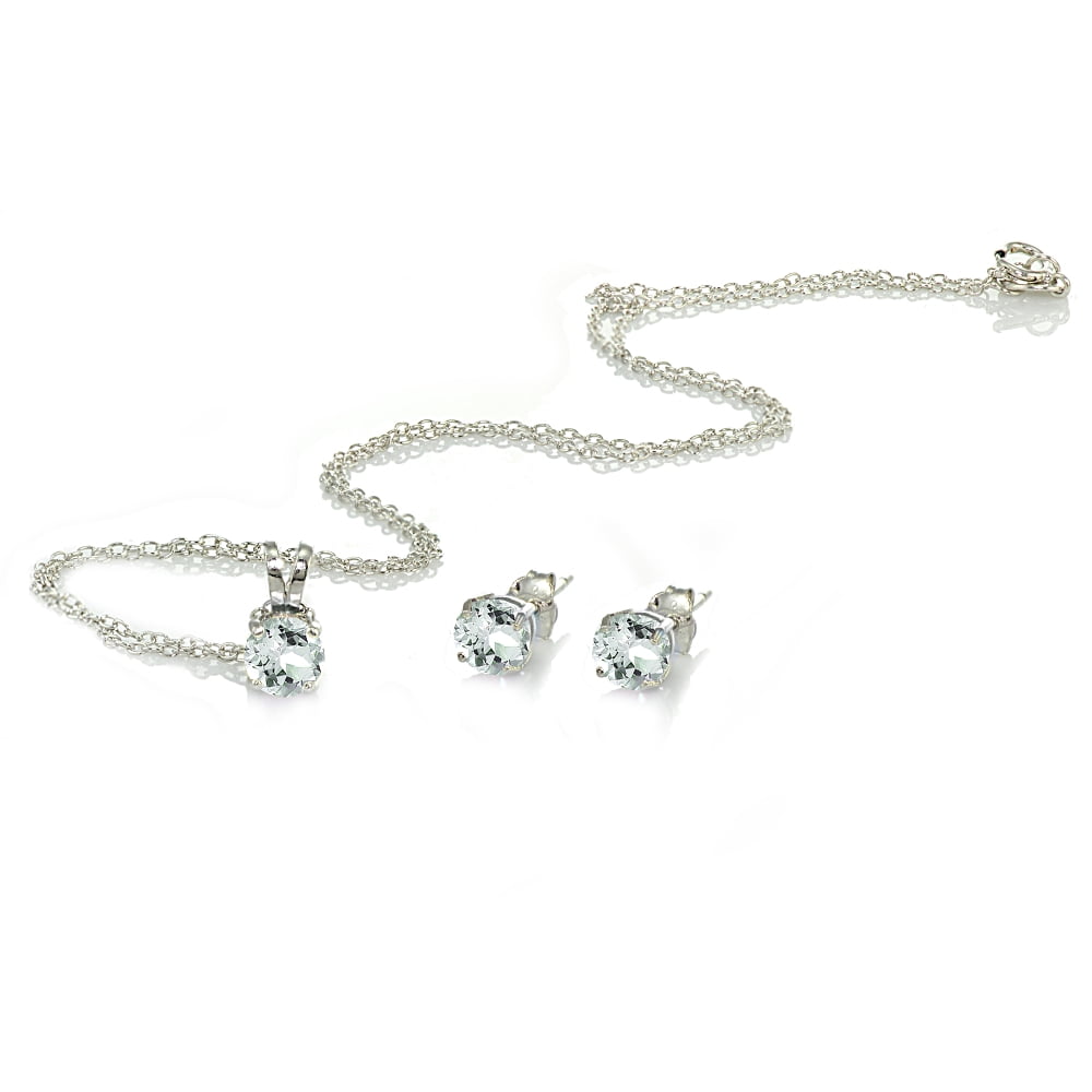 Sterling Silver Light Aquamarine 5mm Round Pendant Necklace & Stud Earrings Set