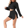 thumbnail image 4 of INSPIRAR CHIC Pijamas de mujer para estar en casa, tops de manga larga con corte y pantalones cortos con abertura, conjuntos XS en negro, 4 of 5