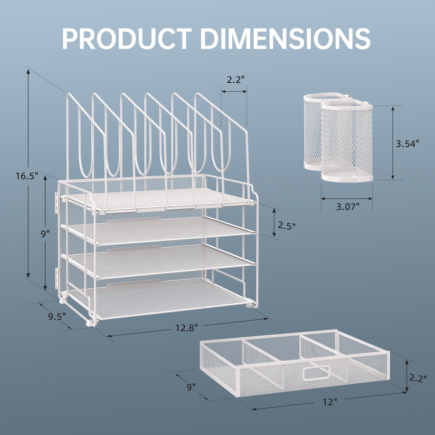 INTIGE 4-Tier Mesh Desktop Organizer with Drawer, 5 Vertical File Holders and 2 Pen Holders, White
