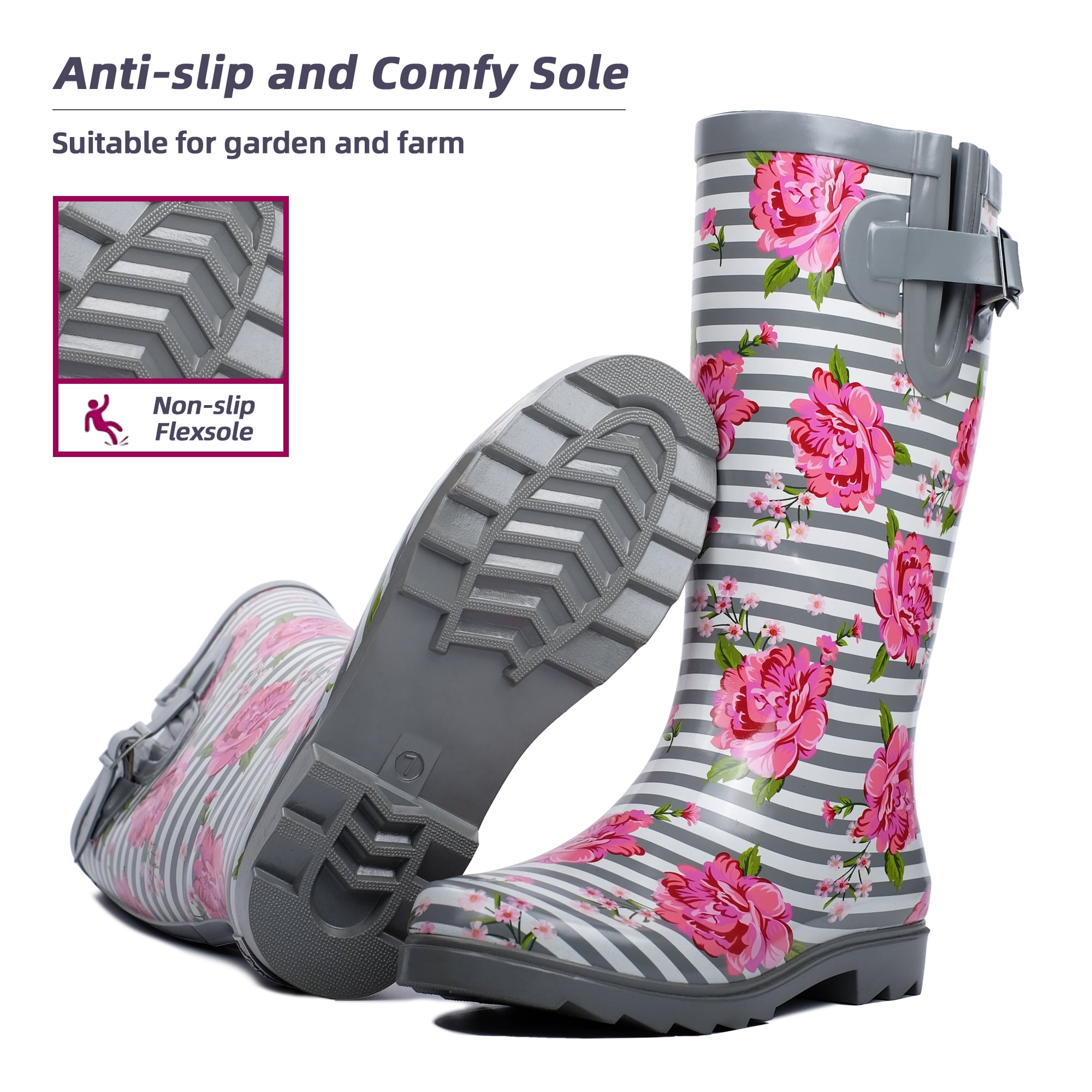 Landchief Women's Tall Waterproof Rubber Rain Boots for Garden, Size 7, Rose