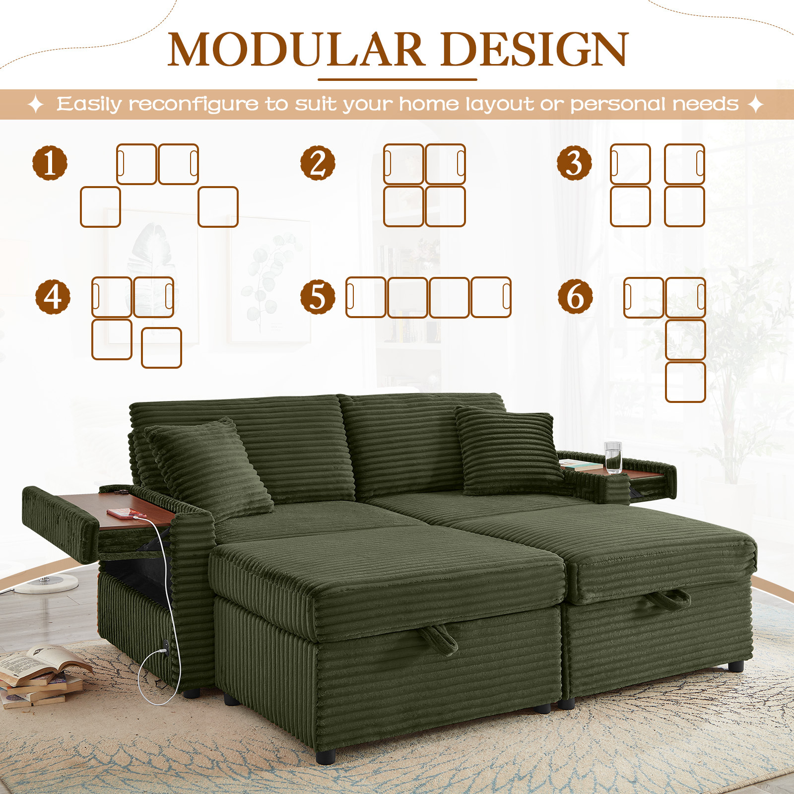 Muumblus Loveseat Sectional Sofa with 2 Storage Ottomans, Modular Cloud Couch with 2 Side Tables & USB, Plush Double Chaise Lounge Sofa Bed Indoor, Green Corduroy