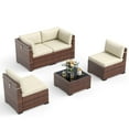 thumbnail image 4 of Poteban 5 Pieces Outdoor Sectional Sofa Set , PE Wicker Rattan Slanted Back Outdoor Conversation with Cushions and Glass Coffee Table for Backyard Garden, Khaki, 4 of 11