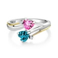 thumbnail image 2 of Gem Stone King 925 Silver 10K Yellow Gold Pink Mystic Topaz London Blue Topaz and Lab Grown Diamond 2 Heart Couple Engagement Mother Ring 1.17 Cttw, Gemstone Birthstone (Size 8), 2 of 5
