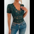 thumbnail image 4 of Blusa de para Mujer, de Corta, Cuello Redondo, Ajustada, con Encaje Floral Liso, Blusas Transparentes con Cuello en V Verde Tinta XL, 4 of 7