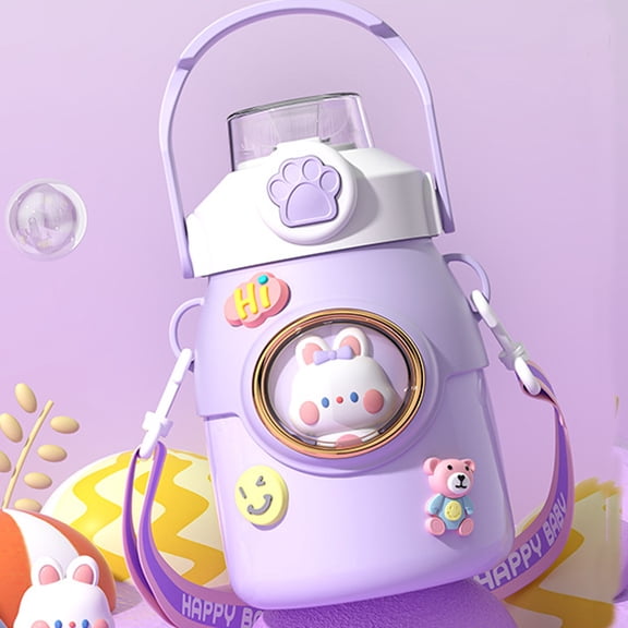 Cute Water Bottle with Strap and Straw, 22oz Aesthetic Kawaii Thermos, BPA-free Leak-proof Vacuum Insulated Water Bottles for Girls Sports Travel