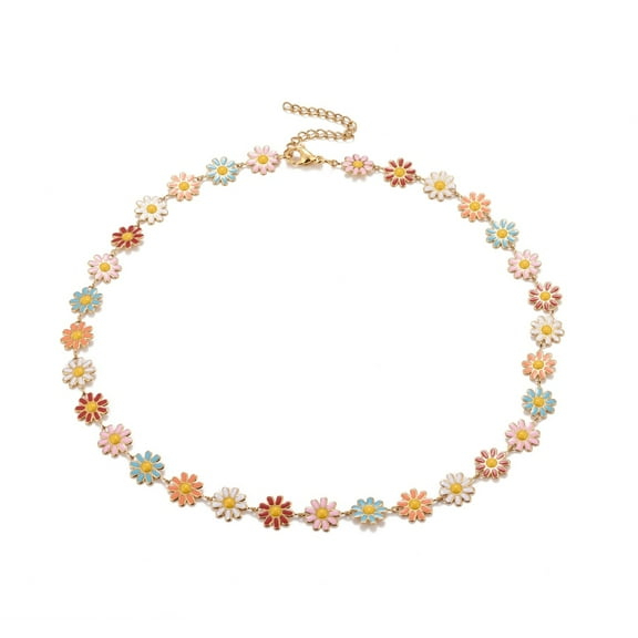 2 pc Enamel Daisy Link Chain Necklace PVD Vacuum Plating 304 Stainless Steel Jewelry for Women Golden Colorful 16.3 inch(41.5cm)