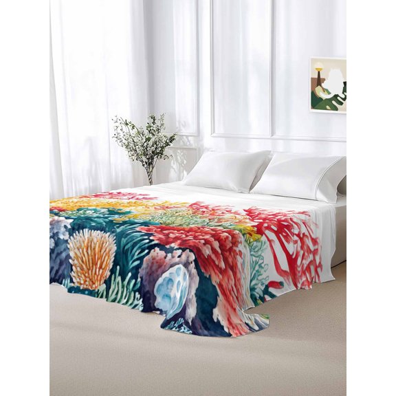 California King Size Flat Sheet Only,Summer Ocean Coral Watercolor Soft Top Bed Sheets Breathable Bedding Sheet Colored Corals on White Microfiber Hotel Luxury Top Sheets