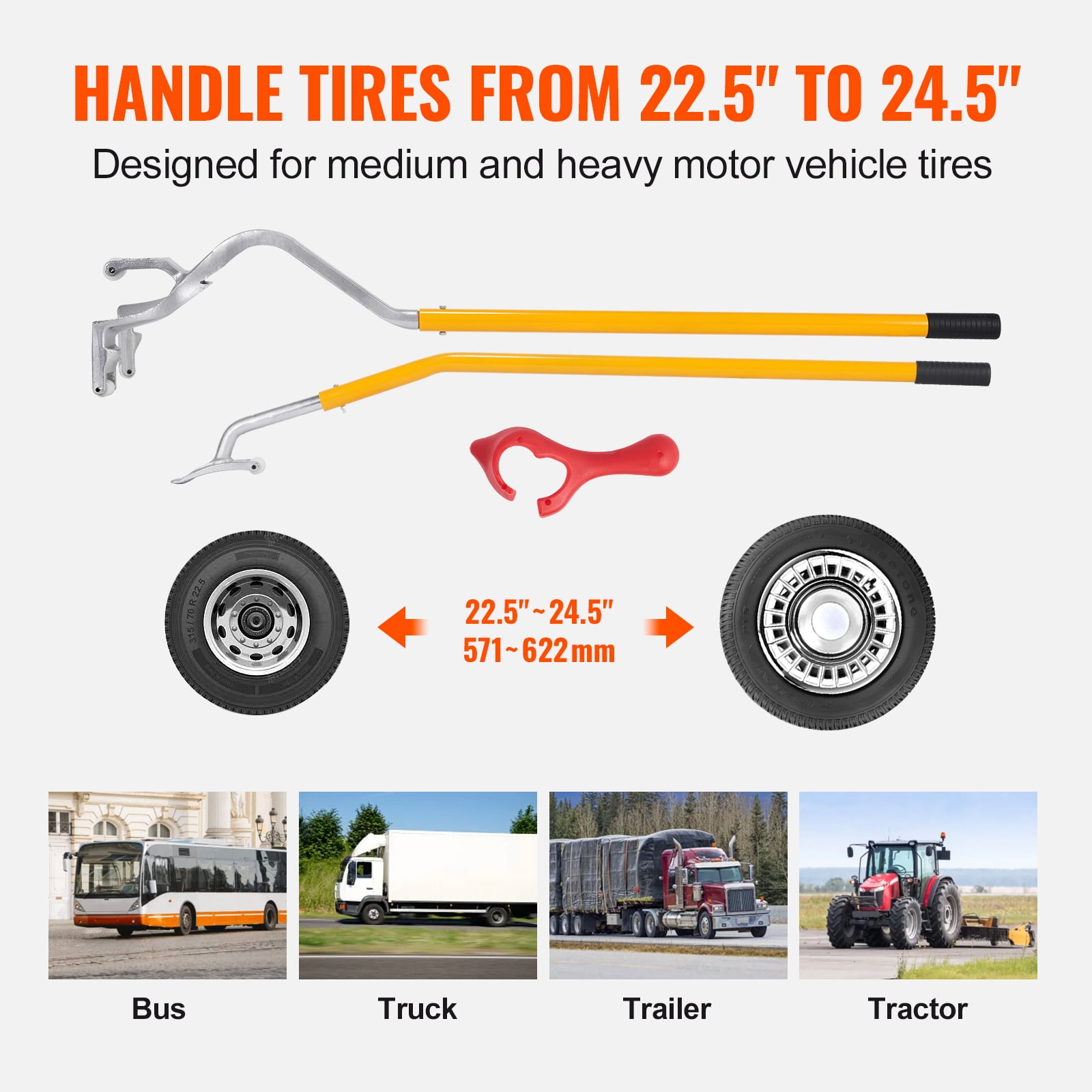 KFFKFF Manual Tire Change Kit, 22.5-24.5 inch, Steel Construction, Includes  Tubeless Truck Bead Breaker, 3 Piece Set, Orange