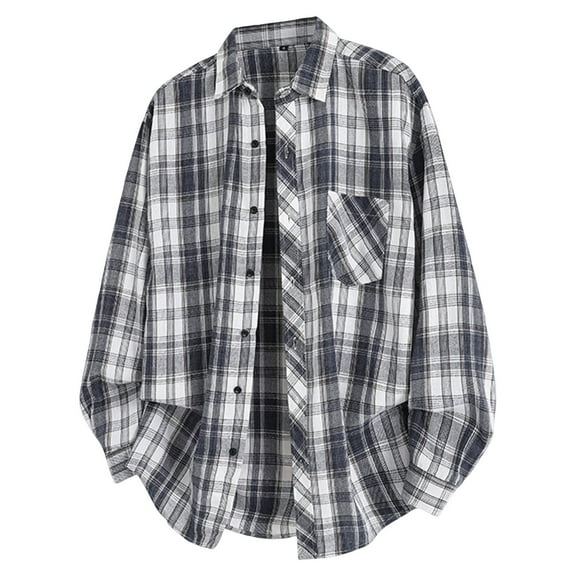 Dwelliawo Men's Plaid Button Down Shirt Plaid Button Down Shirt Casual Flannel Shirts Loose Retro Jacket Casual Top with Pocket Black L