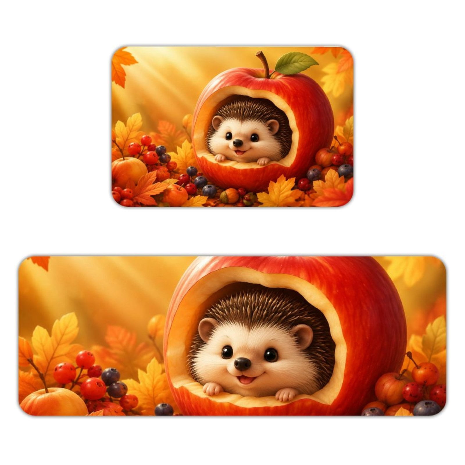 BCIIG Hedgehog Apple Hideaway Autumn Harvest Kitchen Mats for Floor, Sets of 2, Soft Washable, Clear Print, Non Skid Waterproof Kitchen Rug for Sink Floor Sink Laundry Bar Office Room Home Cooks