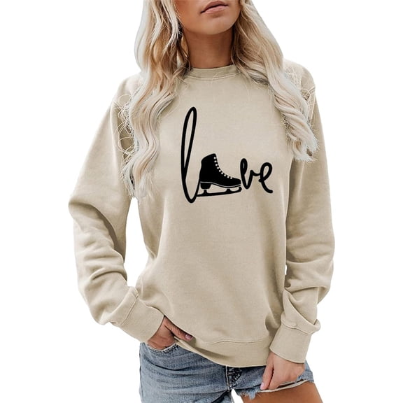 XIAONU Graphic Sweatshirts For Women Ice Skate Love Print Crewneck Sweatshirt Casual Weekend Top