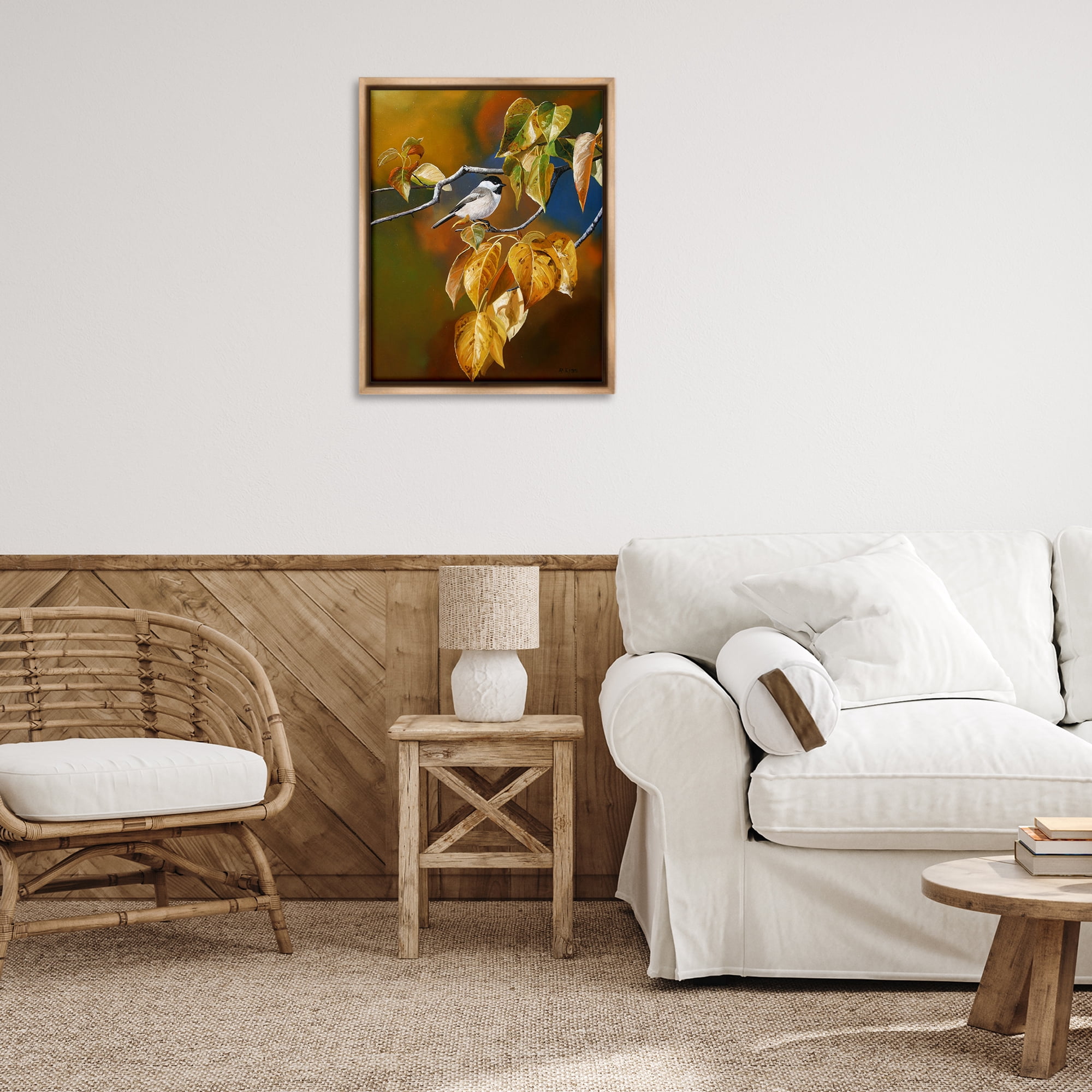 Stupell Industries Chickadee on Branch Animals Painting Brown Floater Framed Canvas Art Print Wall Art, 25 x 31