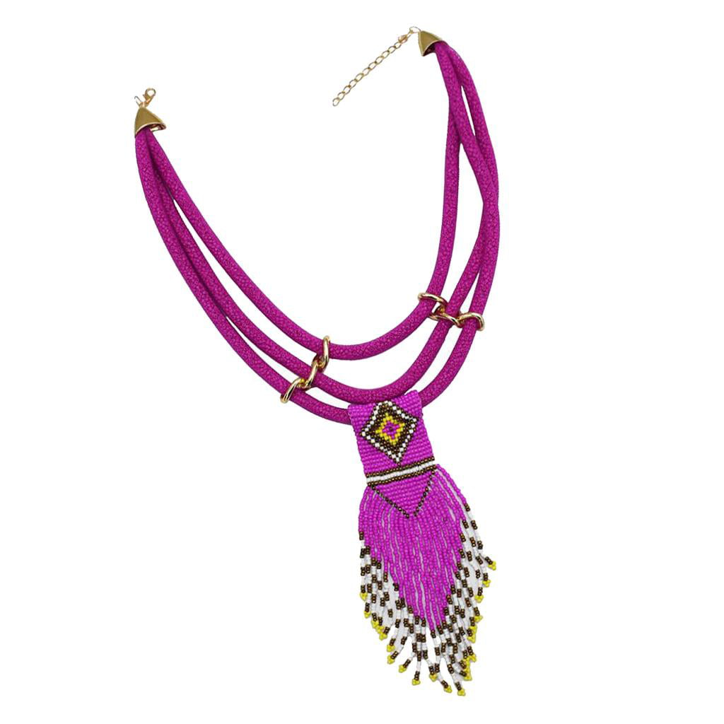 Women Fashion Ethnic Tassel Pendant Necklace Choker Long Leather Sweater Jewelry 