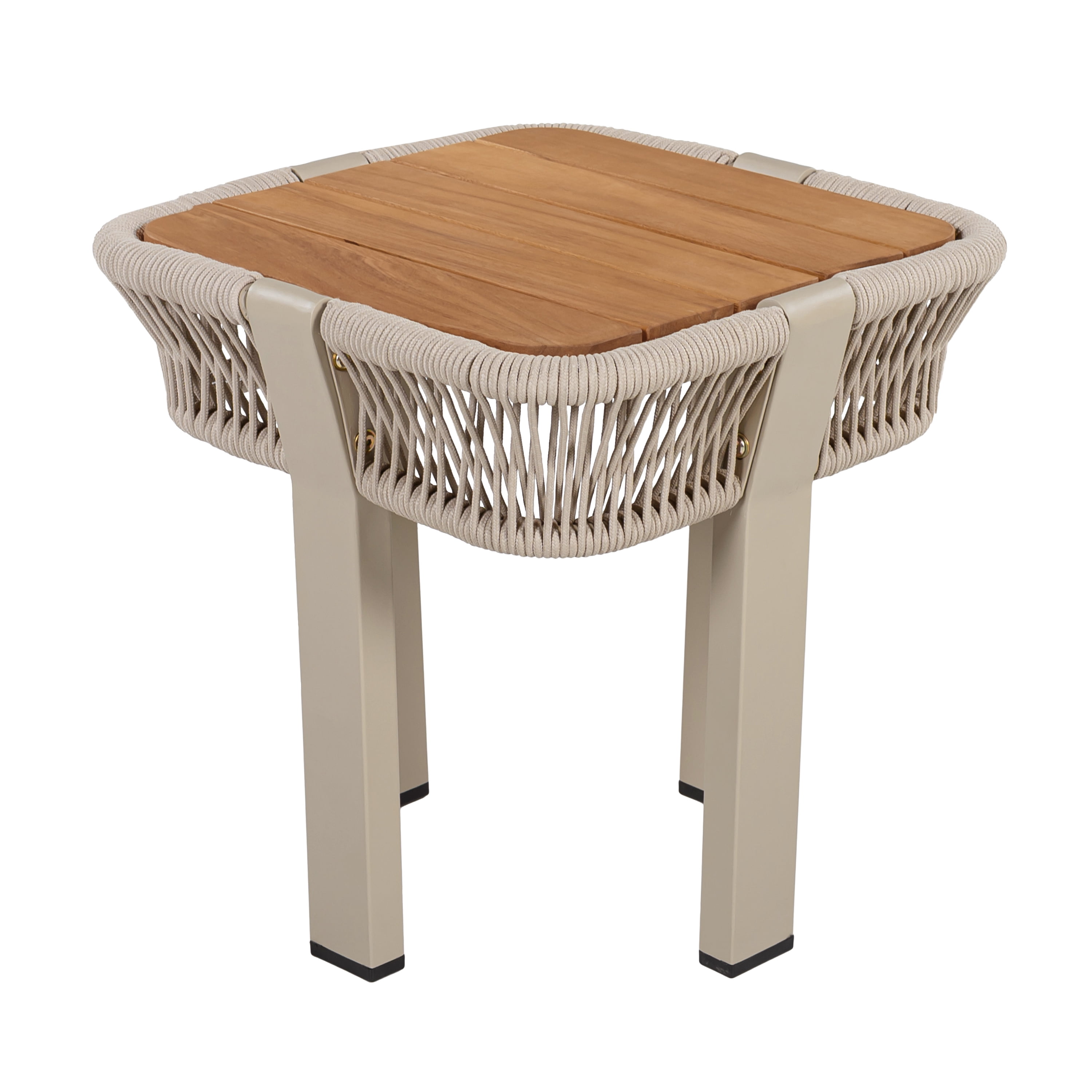 Outdoor Side Table 18.11 Inch, Acacia Wood Top with Beige Rope and Metal Frame for Patio Balcony, Teak and Beige