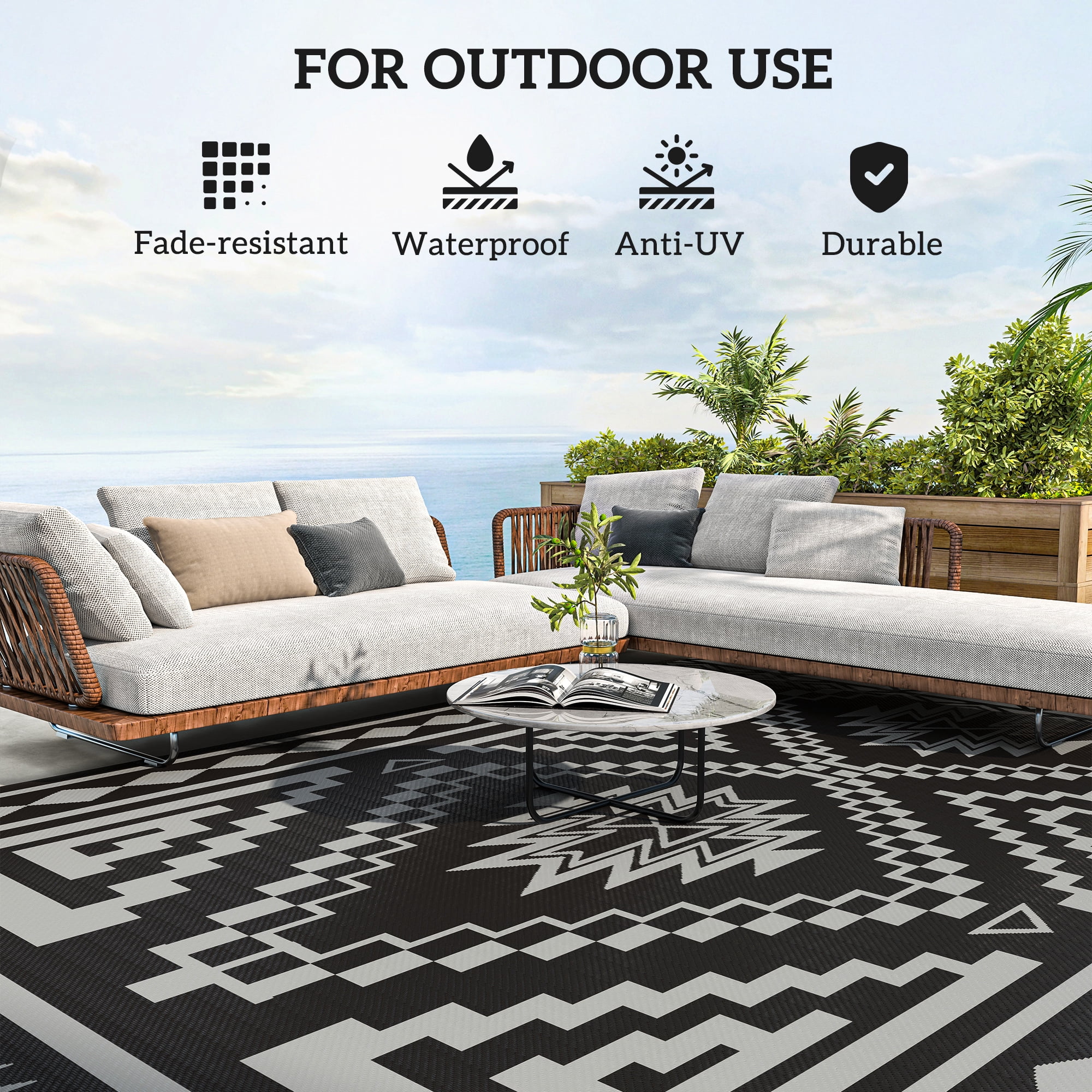 Outsunny Outdoor Patio Rug, Large Camping Carpet with Carrying Bag, 9' x 18' Waterproof Plastic Straw, Reversible, Black & Gray Square Patchwork