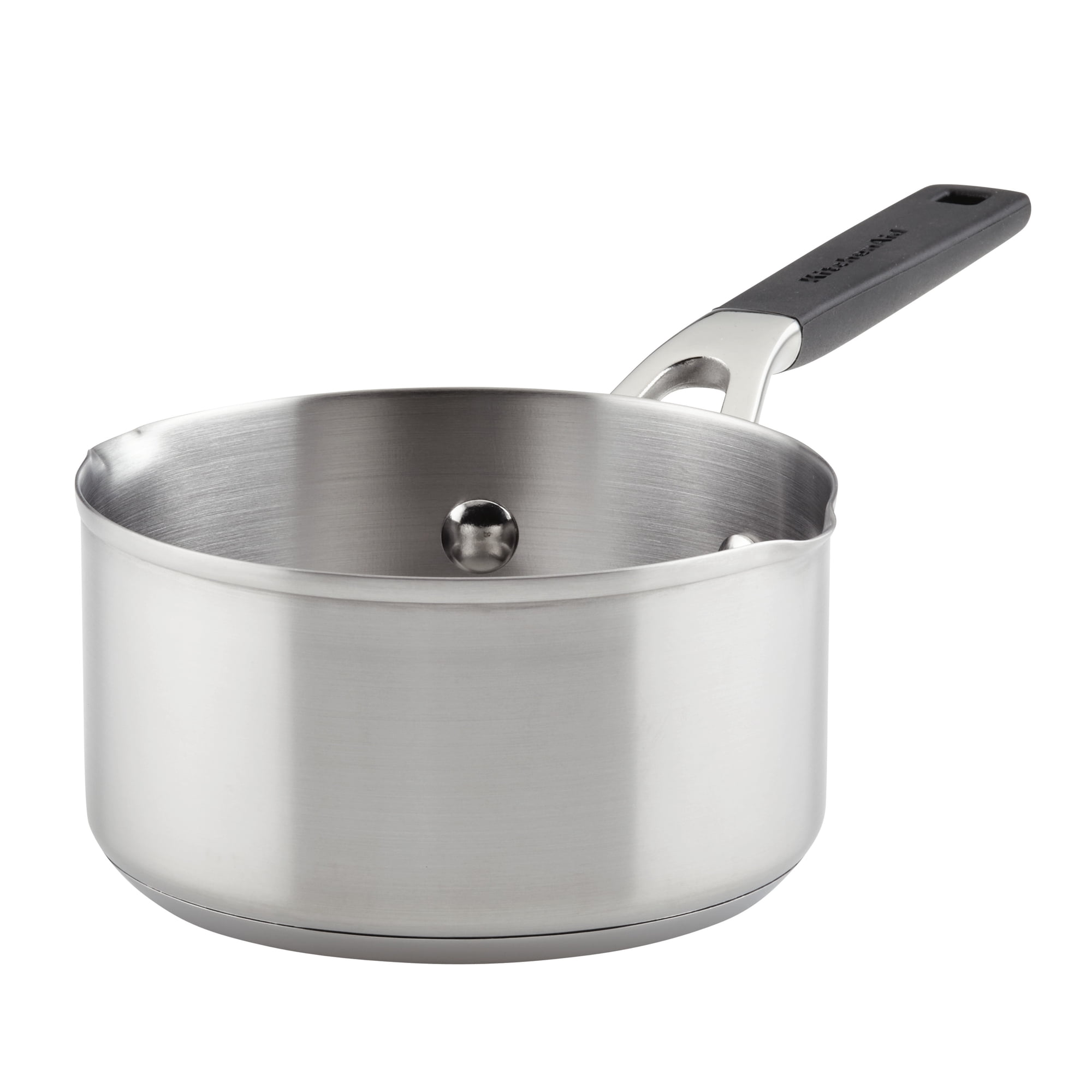 KitchenAid Stainless Steel 1 Quart Induction Sauce Pan with Pour Spouts Metal Utensil and Dishwasher Safe, Brushed Stainless Steel
