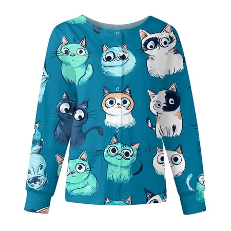 Hearthz Snap Front Women's Scrub Jacket Tops Stretchy Long Sleeve Animals Pattern Nursing Tops Working Uniforms Scrub Tops Women Stretchy with Pocket