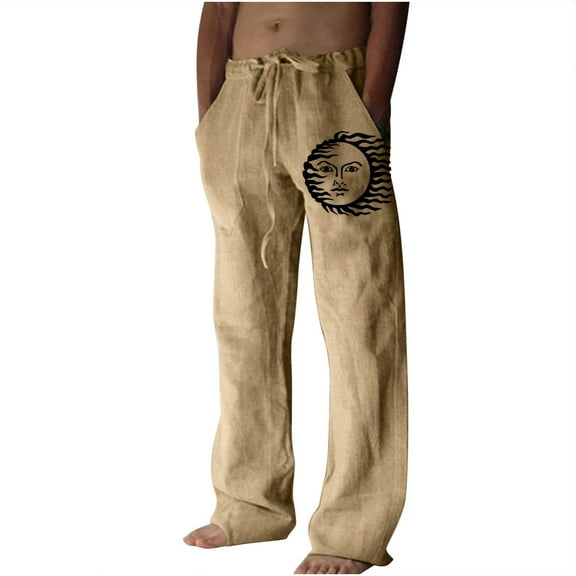 HomeGardon Pants for Men Mens Pants,Men's Summer Cotton Linen Wide Leg Pants Printed Lace Up Leisure Sports Holiday Pants,S-XXXL