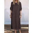 thumbnail image 4 of Womens Loose Fit Casual Solid Color Short Sleeve Linen Blend Midi Dress Summer Brown L, 4 of 7