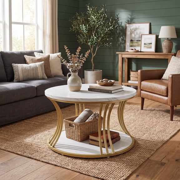 Fnova 31.49‑Inch Round Coffee Table, Curved Multi‑Strip Metal Frame with Dual‑Tier Marble‑Look Storage Shelves, Modern Cocktail Table for Living Room, Lounge, Home Den