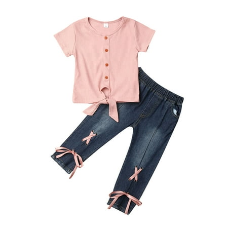 

Canis 2 Pcs Girl s Suit Short Sleeve Ribbing Button Knotted T-shirt Denim Pants