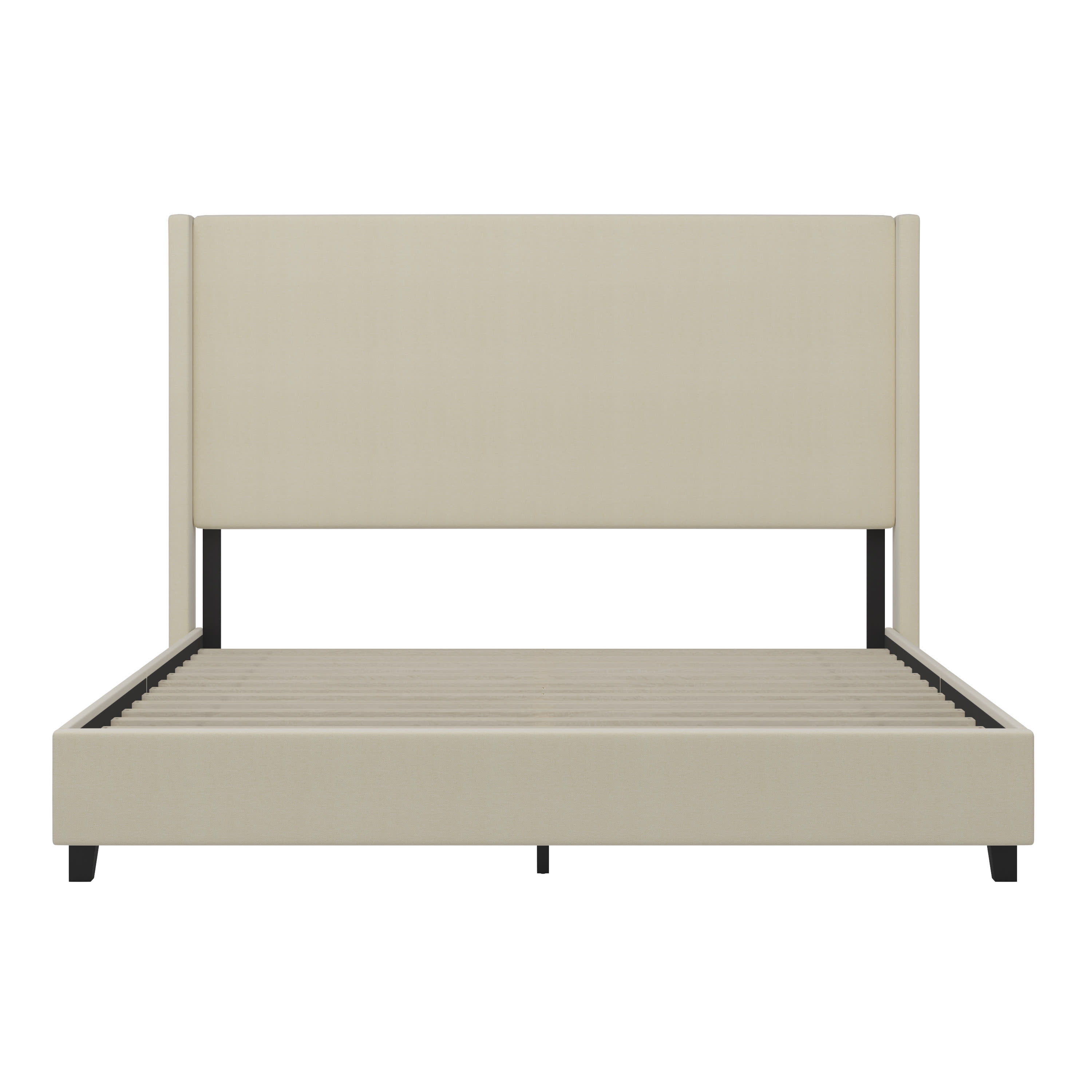 Merrick Lane Modern Platform Bed with Upholstered Wingback Headboard, King Size, Beige