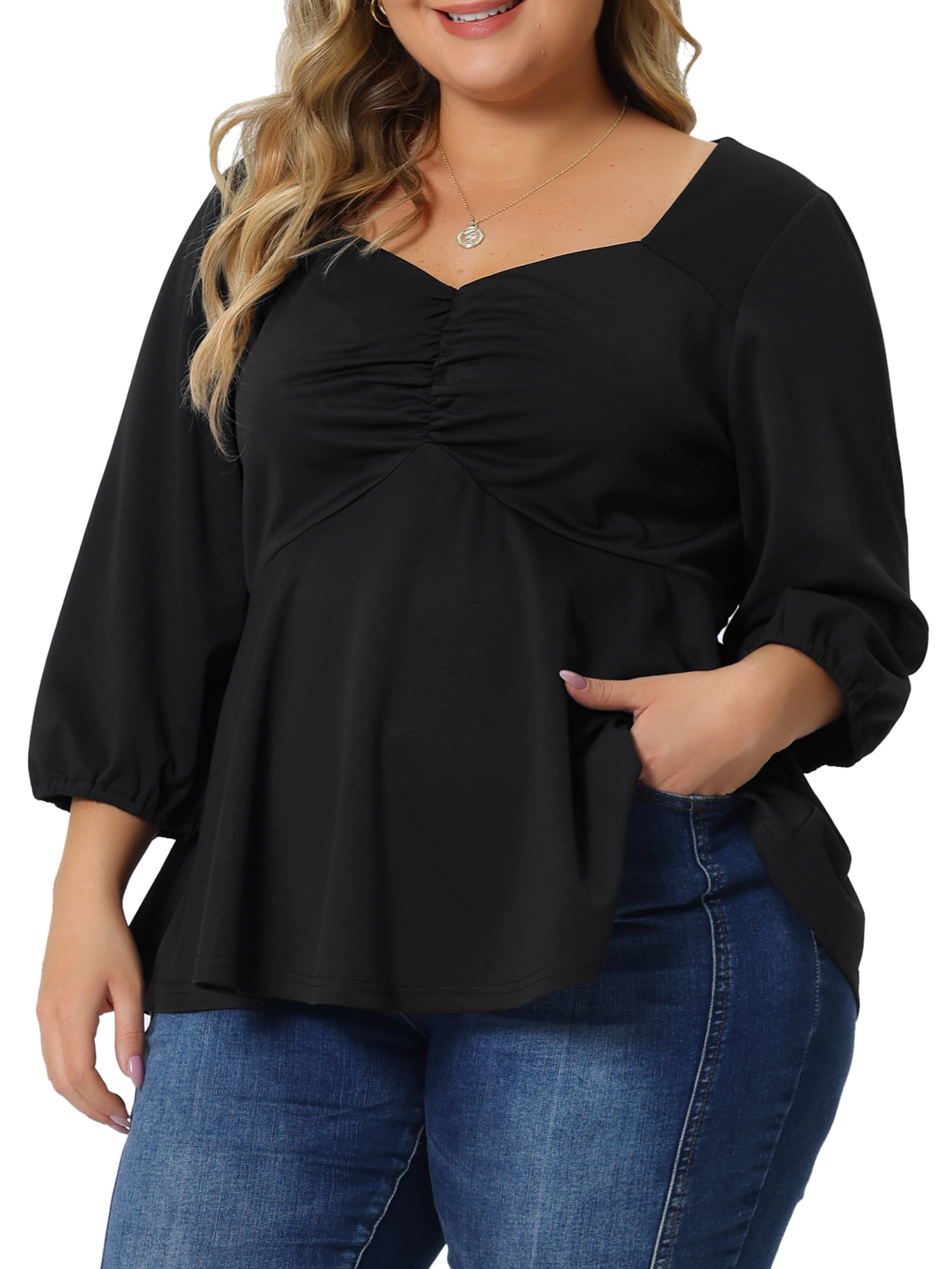 Unique Bargains Women's Plus Size Blouse Sweetheart Neck