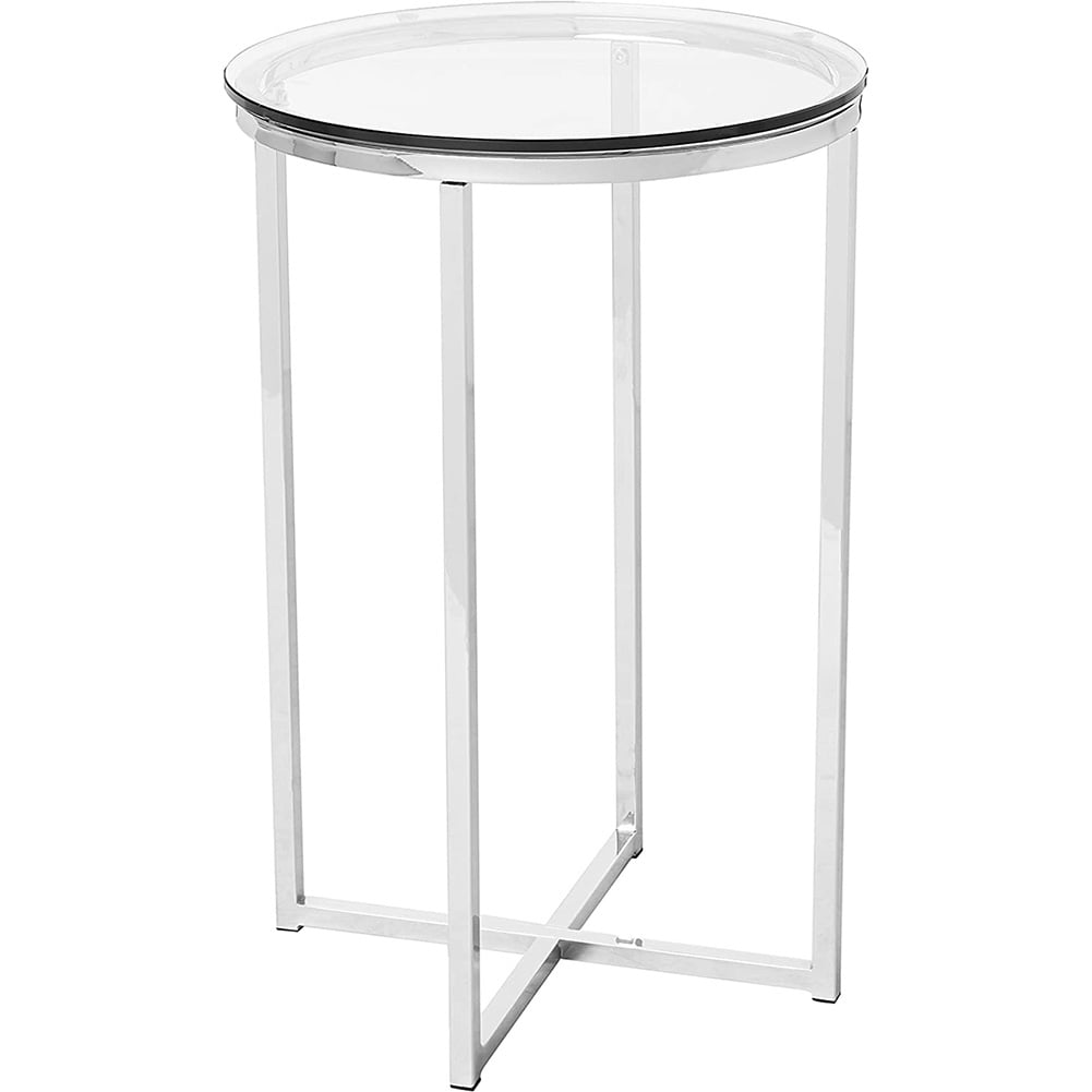 Cora Modern Round Glass Top Side Table with XBase, 16 inches, glass and chrome