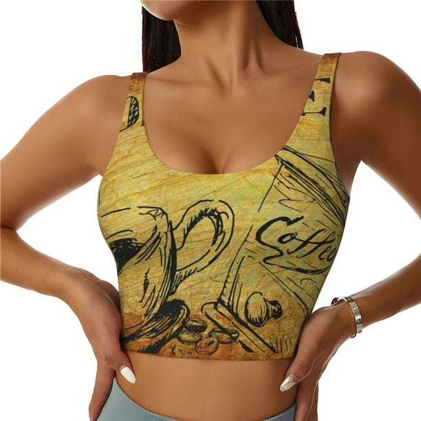 Balery Coffee Vintage Sujetadores deportivos con espalda cruzada para mujer, acolchados, sin costuras, de alto impacto, ideales para yoga, gimnasio, entrenamiento y fitness.-Large