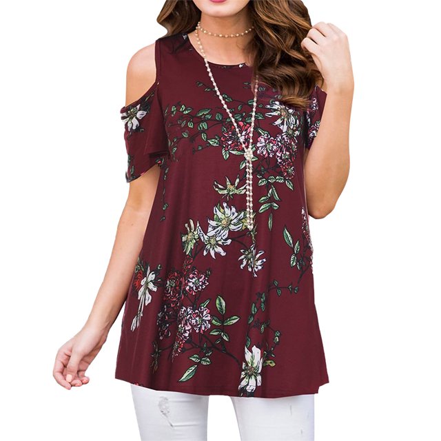 Sonducket Camiseta de mujer Top con estampado bohemio Top con estampado en frío Blusa de manga corta con hombros descubiertos Prendas para la parte del cuerpo Vino rojo L Sonducket AP003084-03