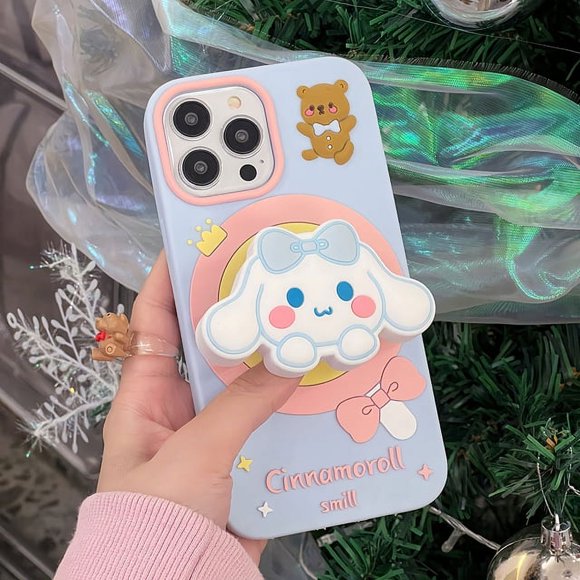 2024 Sanrio Cute Bow Kuromi Cinnamoroll With Holder Phone Case For Iphone XR 11 12 13 14 15 Pro Max Soft silicone Drop-proof Cover LXY