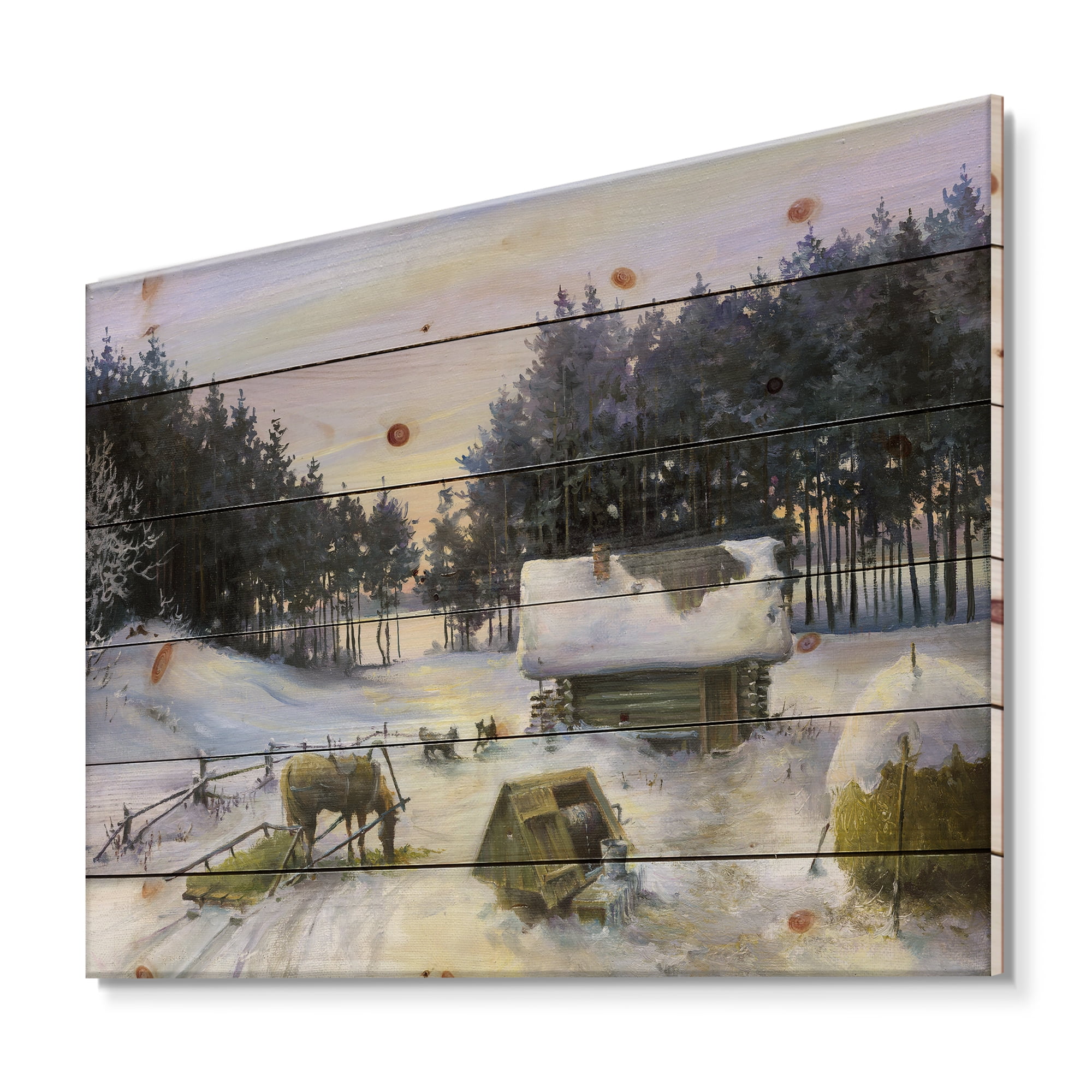 Designart 'Cottage Covered In Snow With Winterscene' Country Print on Natural Pine Wood