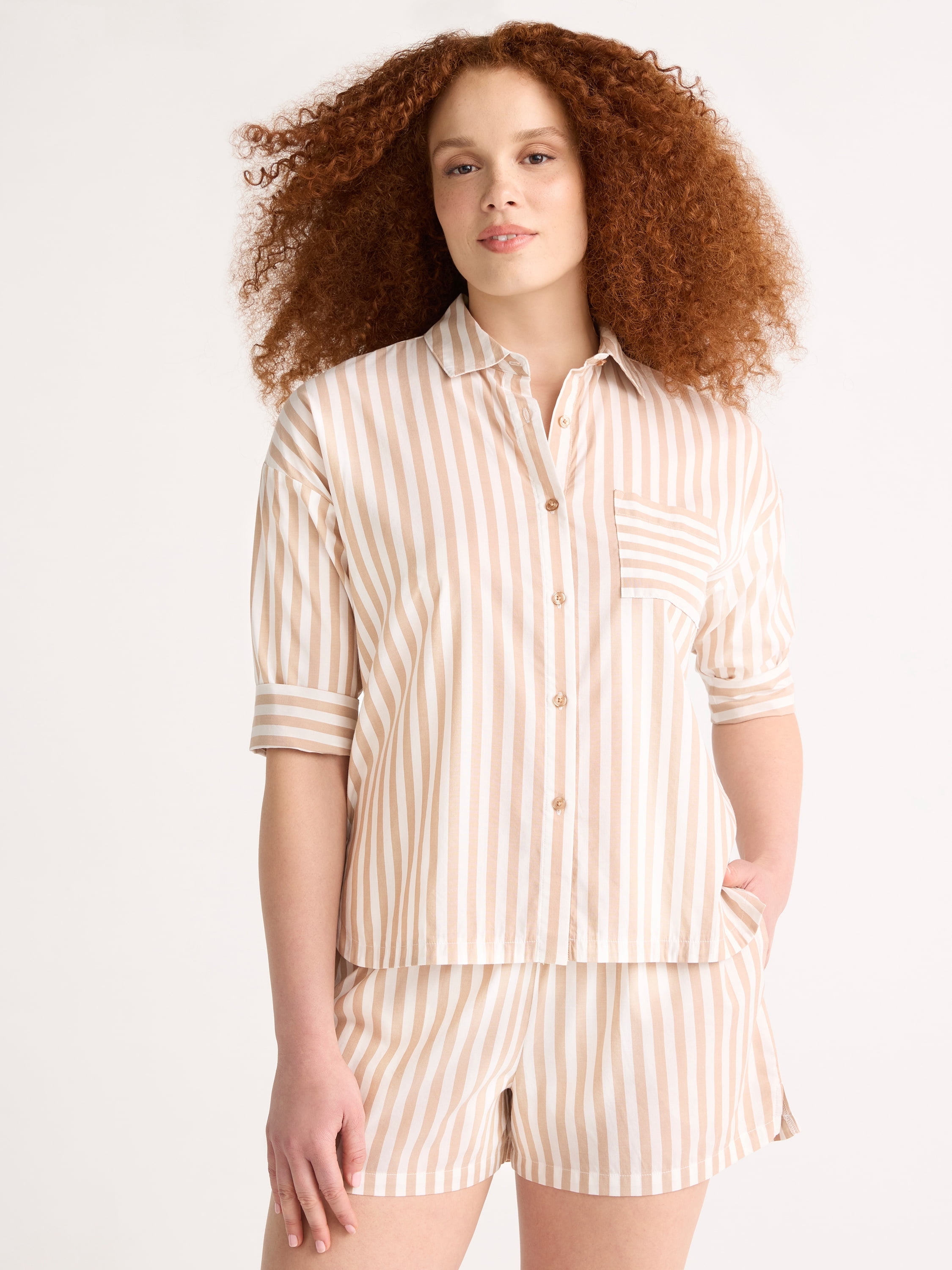 Joyspun Women’s Woven ¾ Sleeve Notch Collar Top and Boxer Shorts Pajama Set, Sizes XS-3X